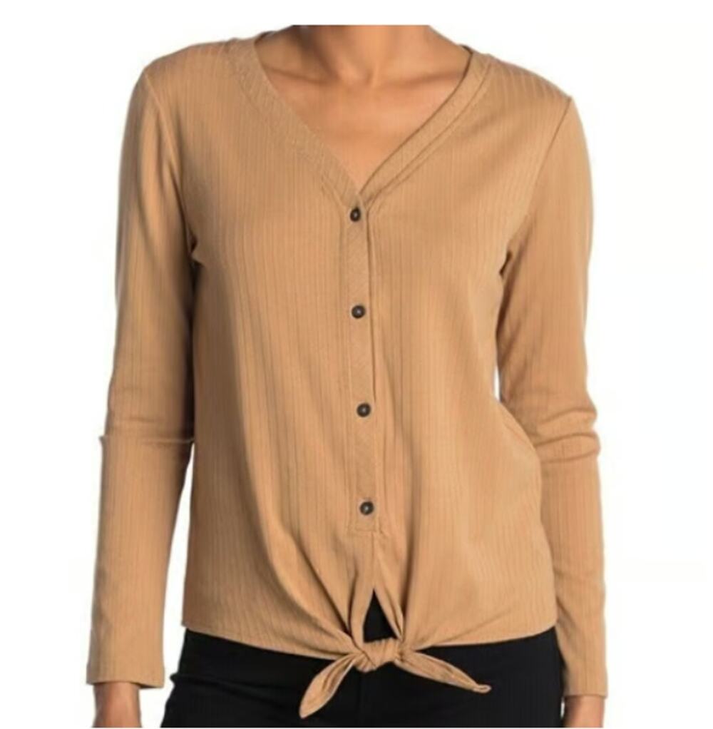 VELVET Heart MEDIUM Textured tan Waist Tie Blouse Top Long sleeve Faux button Up